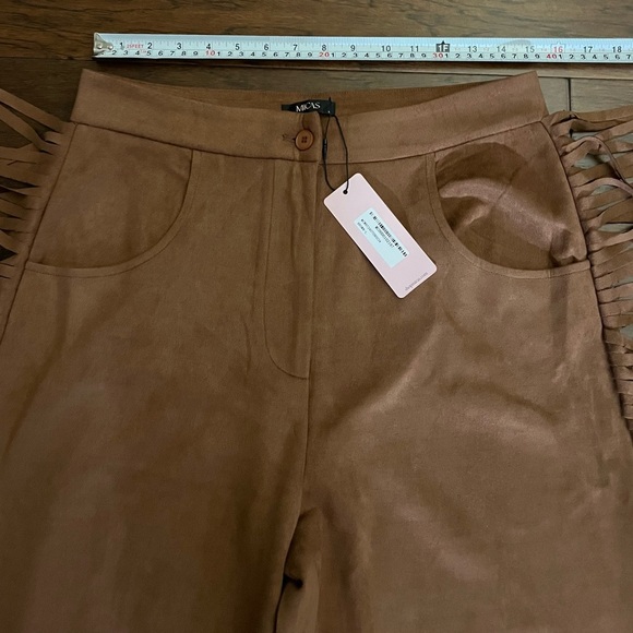 NWT MICAS Women’s Brown Faux Suede Fringe Wide Leg Pants Size Large Pockets - Picture 5 of 11